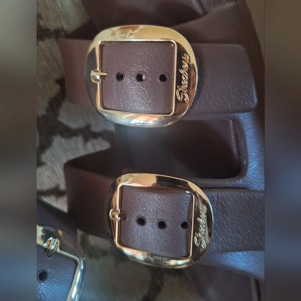 Skechers Brown Plum Slide Sandals with Gold Buckles Arch Fit Cali Breeze Size 8 - Picture 7 of 9